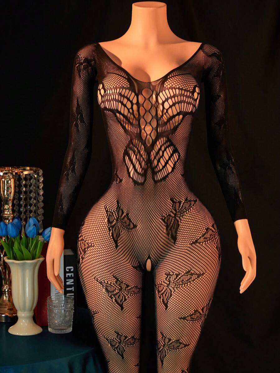 Women's long sleeve fishnet lingerie bodysuit featuring mesh lace texture, spaghetti straps, and wireless design.