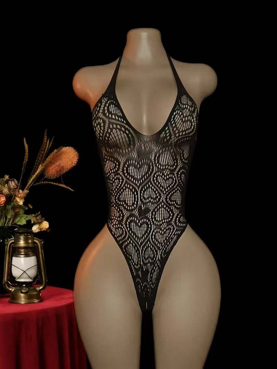 Black sheer mesh hollow out lingerie body stocking with halter neck and criss-cross front detail.