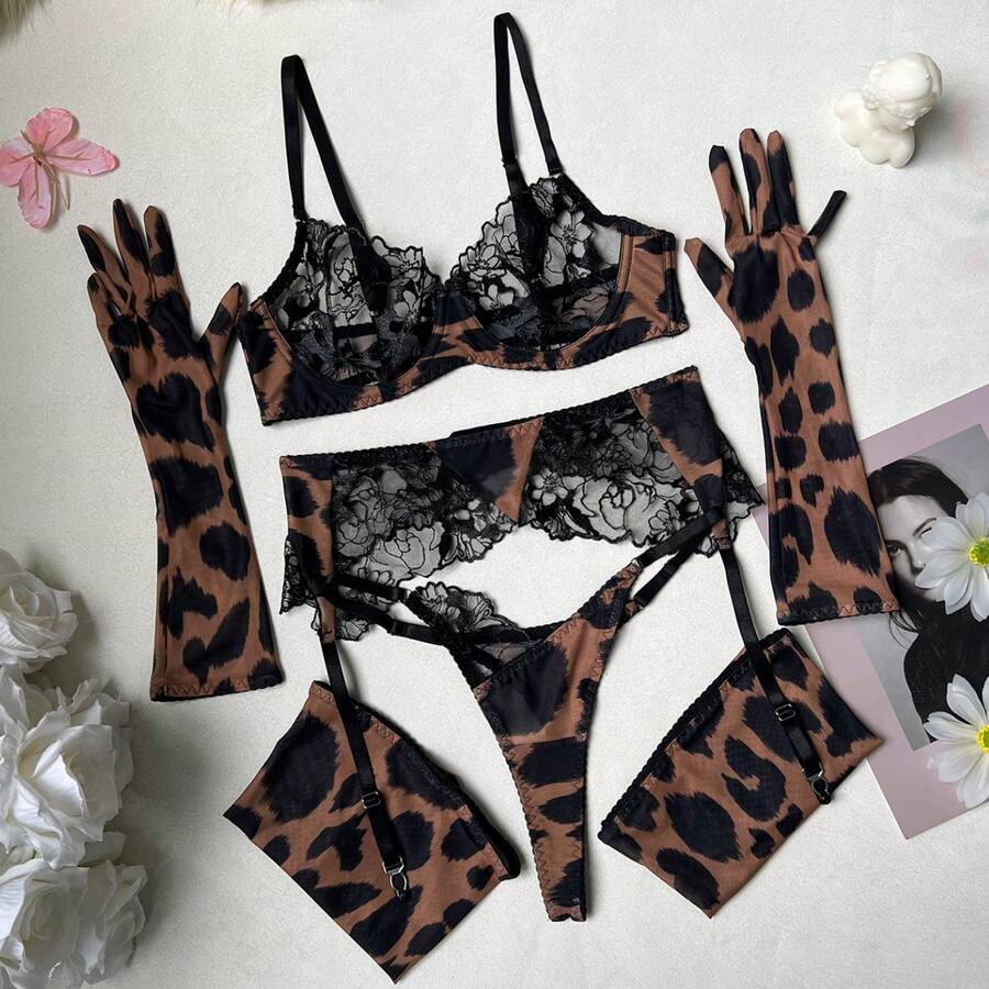 Women's brown leopard print embroidered 5-piece lingerie set including mesh underwire bralette, mid-rise thong, garter belt, gloves, and stockings.