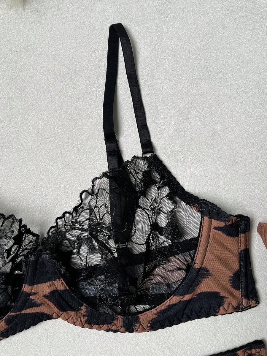 Women's brown leopard print embroidered 5-piece lingerie set including mesh underwire bralette, mid-rise thong, garter belt, gloves, and stockings.