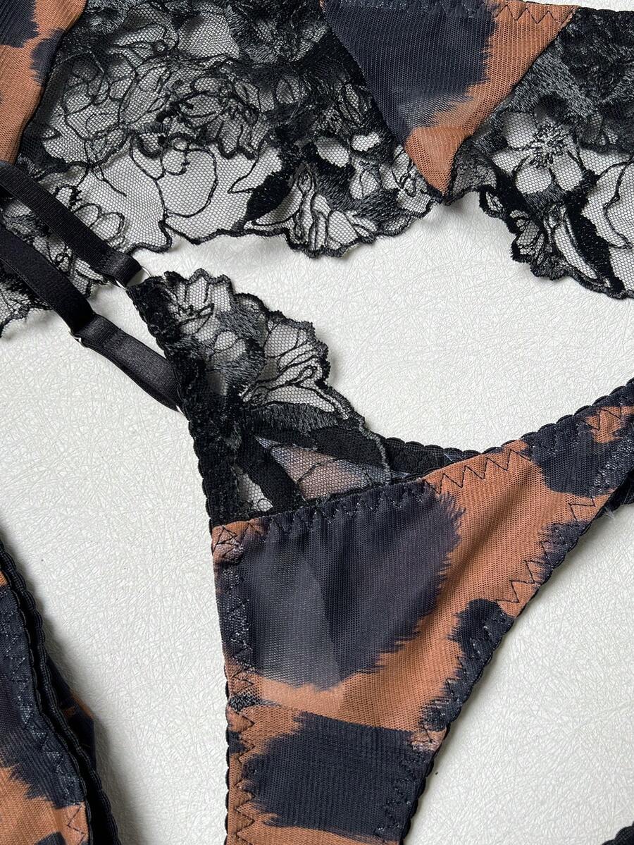 Women's brown leopard print embroidered 5-piece lingerie set including mesh underwire bralette, mid-rise thong, garter belt, gloves, and stockings.