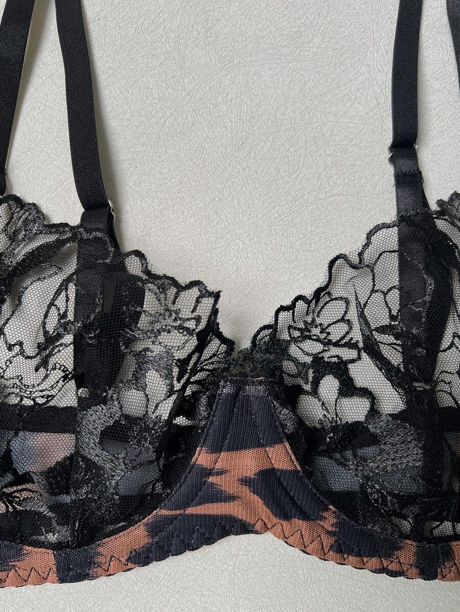 Women's brown leopard print embroidered 5-piece lingerie set including mesh underwire bralette, mid-rise thong, garter belt, gloves, and stockings.