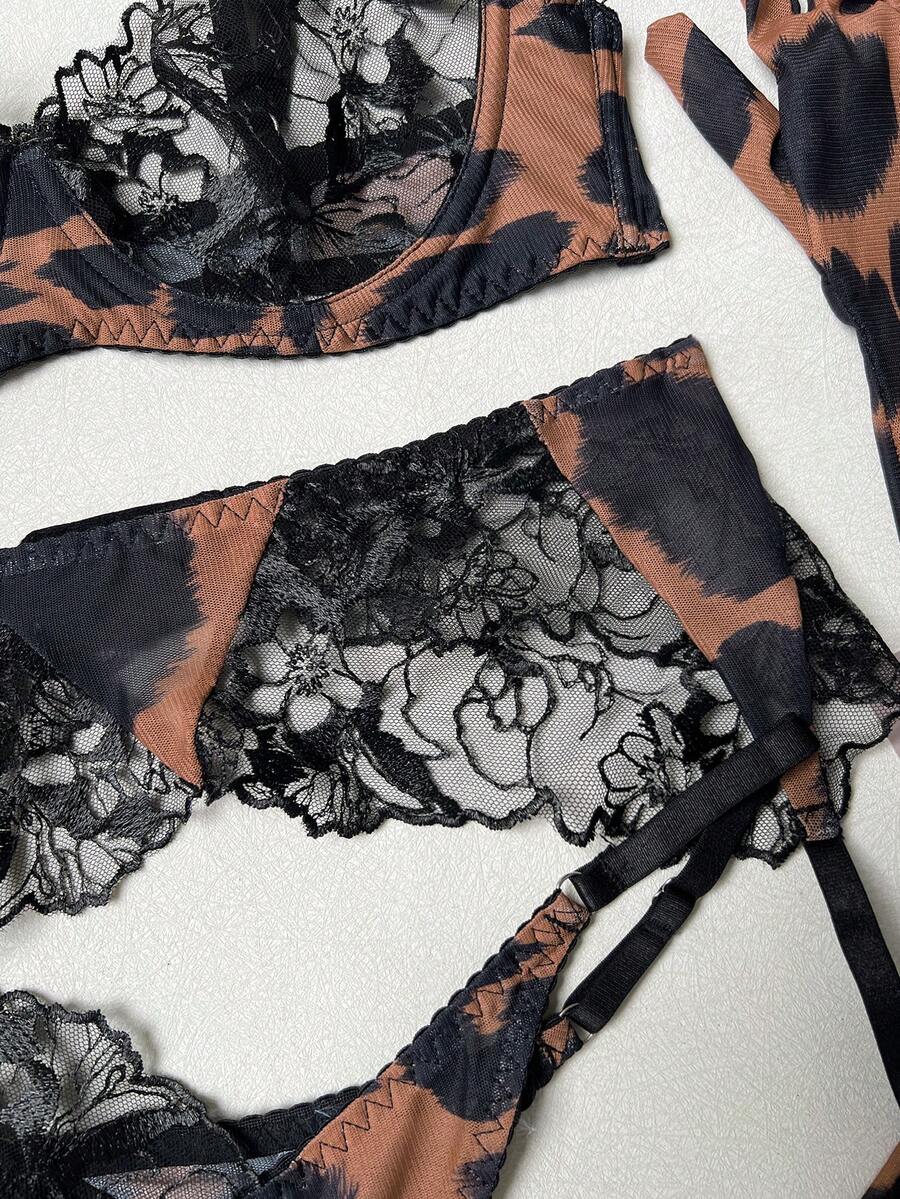 Women's brown leopard print embroidered 5-piece lingerie set including mesh underwire bralette, mid-rise thong, garter belt, gloves, and stockings.
