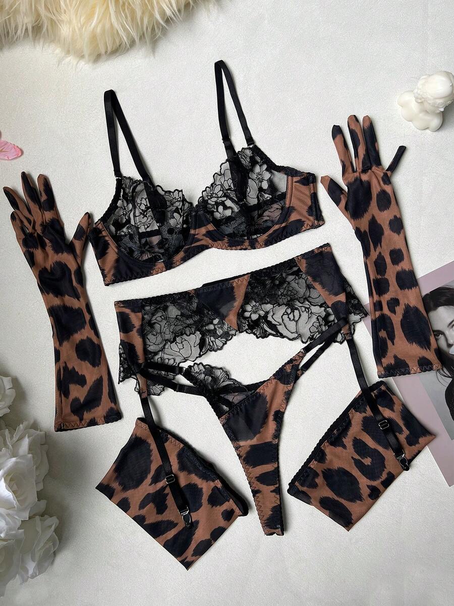 Women's brown leopard print embroidered 5-piece lingerie set including mesh underwire bralette, mid-rise thong, garter belt, gloves, and stockings.