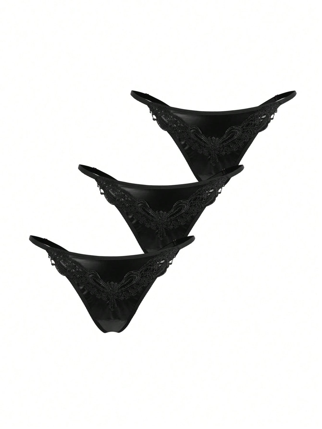 Set of 3 women's black mid-rise goth thongs featuring front embroidered butterfly design and PU leather patchwork details.