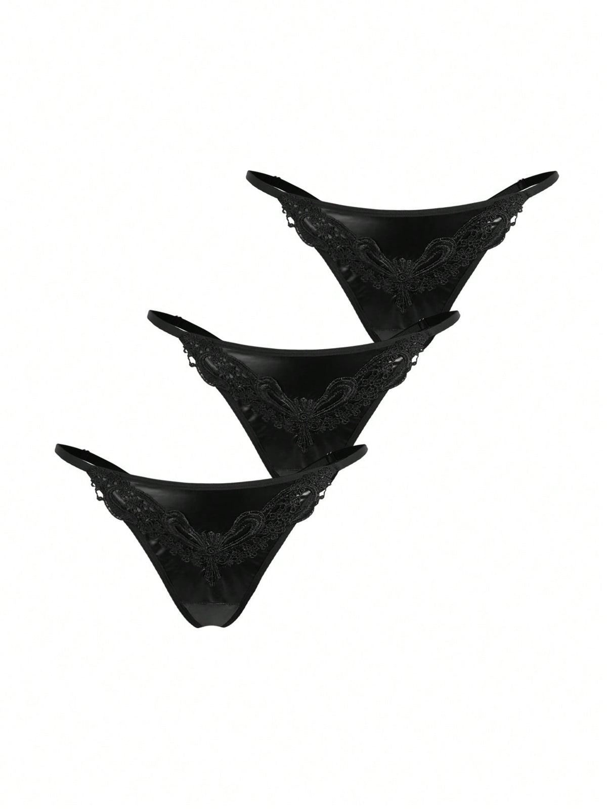 Set of 3 women's black mid-rise goth thongs featuring front embroidered butterfly design and PU leather patchwork details.