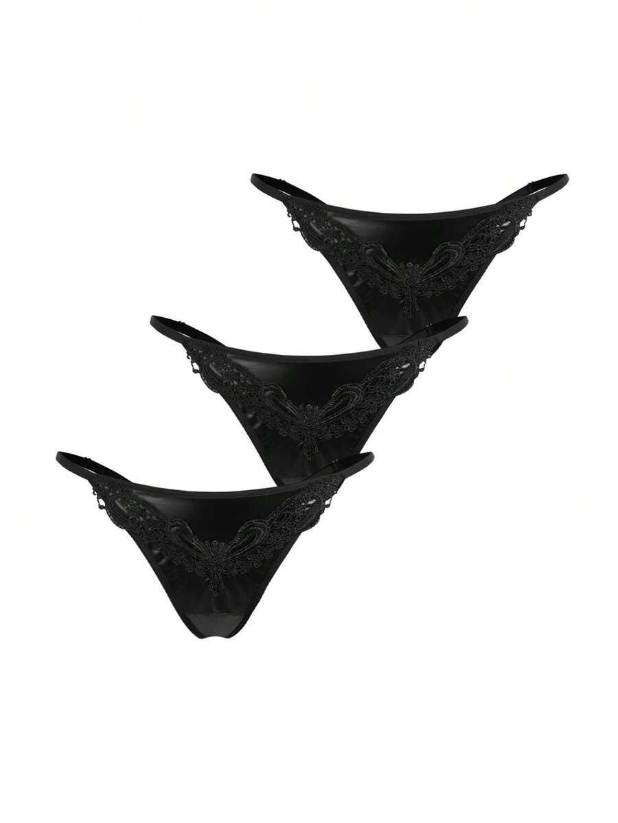 Set of 3 women's black mid-rise goth thongs featuring front embroidered butterfly design and PU leather patchwork details.