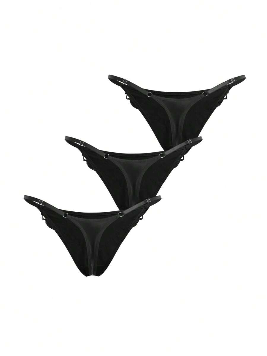 Set of 3 women's black mid-rise goth thongs featuring front embroidered butterfly design and PU leather patchwork details.