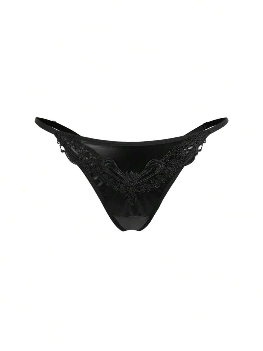 Set of 3 women's black mid-rise goth thongs featuring front embroidered butterfly design and PU leather patchwork details.