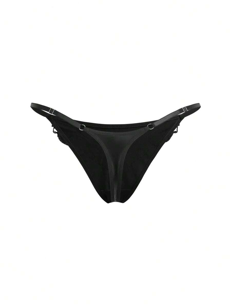 Set of 3 women's black mid-rise goth thongs featuring front embroidered butterfly design and PU leather patchwork details.