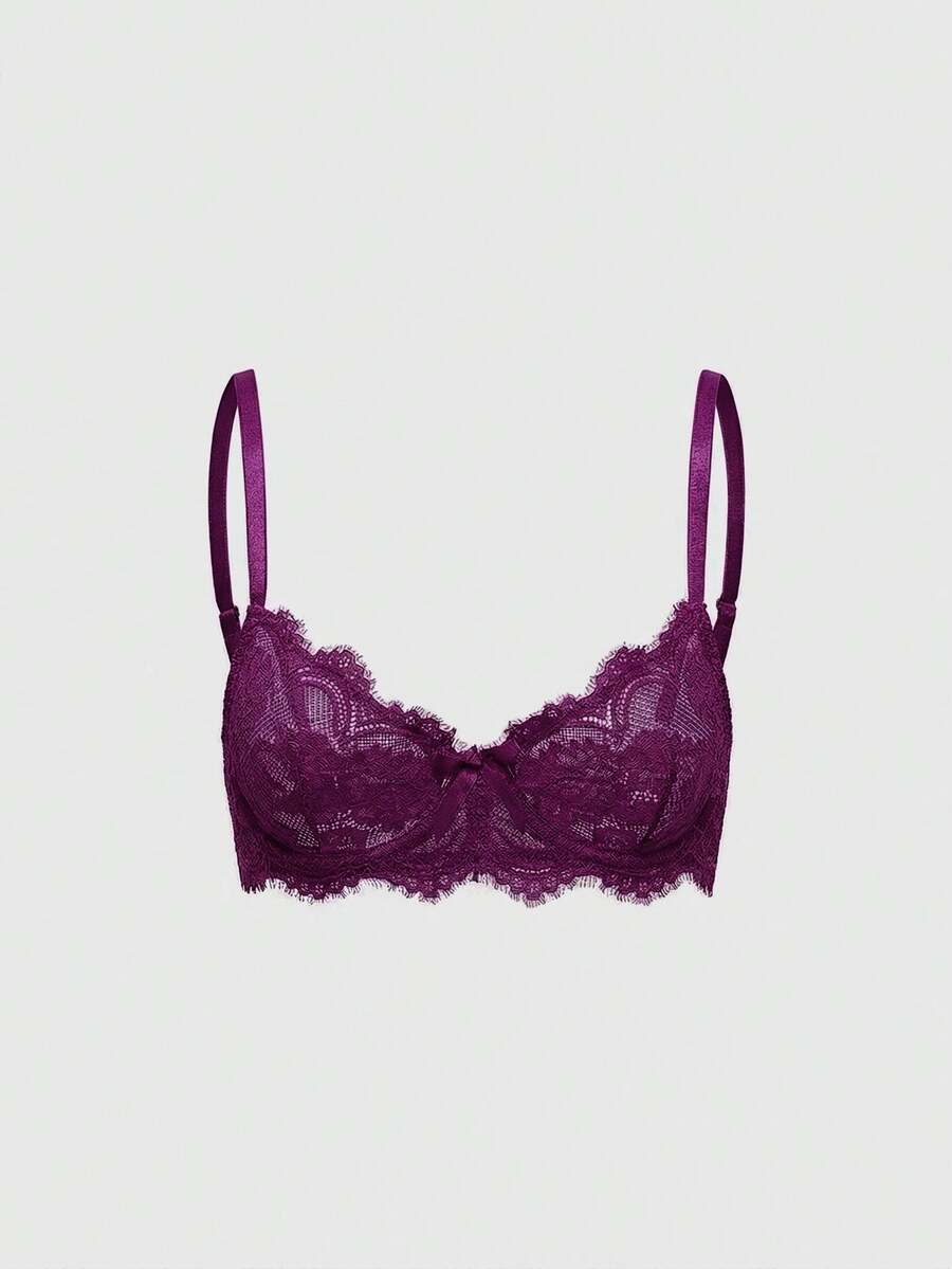 Black sheer floral lace plunge bra featuring underwire support, unlined triangle cups, adjustable straps, and a backless design for women.