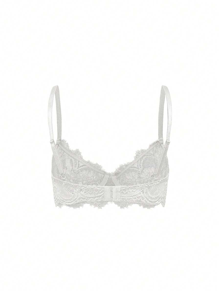 Black sheer floral lace plunge bra featuring underwire support, unlined triangle cups, adjustable straps, and a backless design for women.
