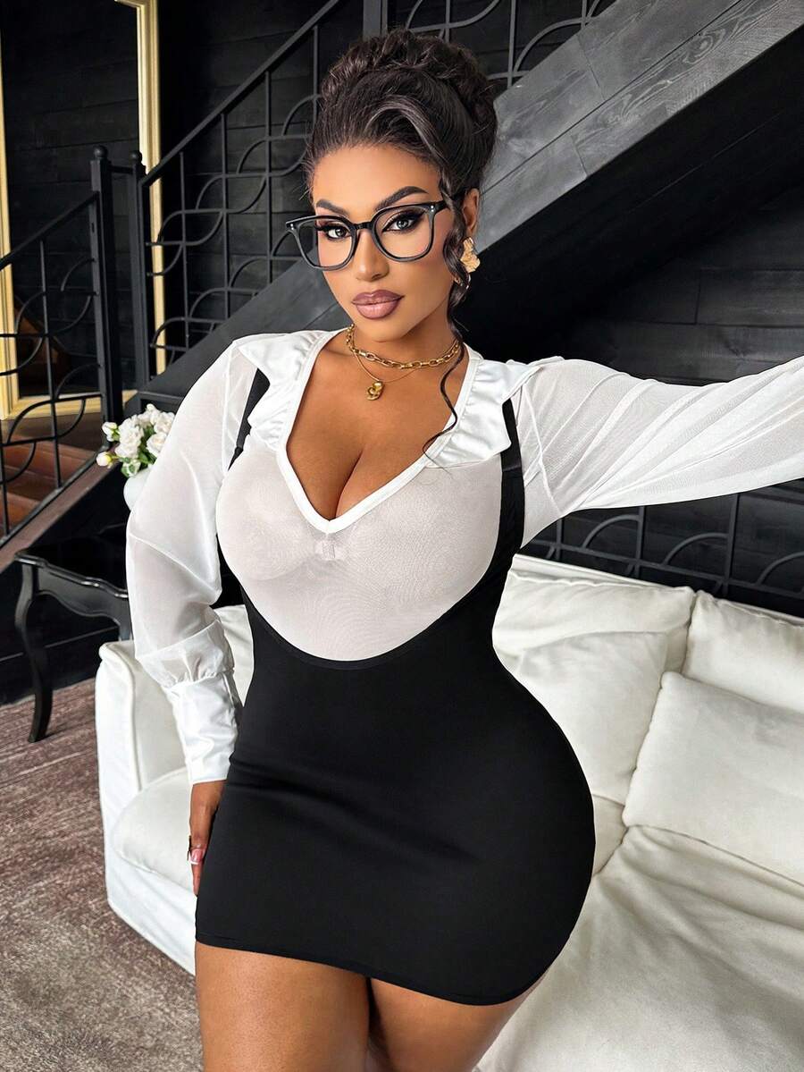 Black and white 2-piece office lady role play costume set featuring a deep V-neck long sleeve sheer mesh shirt with adjustable straps and wireless design.