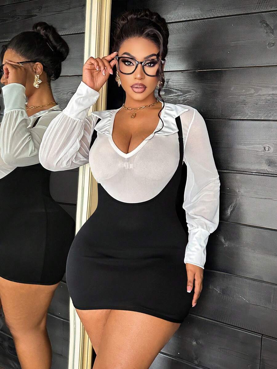 Black and white 2-piece office lady role play costume set featuring a deep V-neck long sleeve sheer mesh shirt with adjustable straps and wireless design.