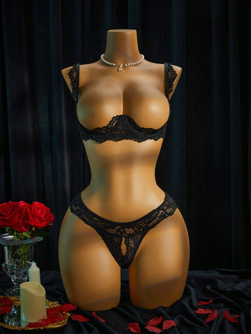 Women's sheer lace underwire bra and thong set with open cup bra, adjustable spaghetti straps, and matching low rise V-string thong in a 2-piece lingerie set.