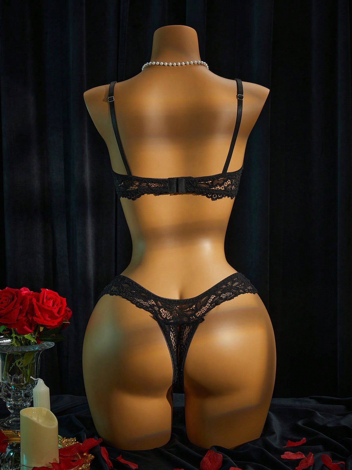 Women's sheer lace underwire bra and thong set with open cup bra, adjustable spaghetti straps, and matching low rise V-string thong in a 2-piece lingerie set.