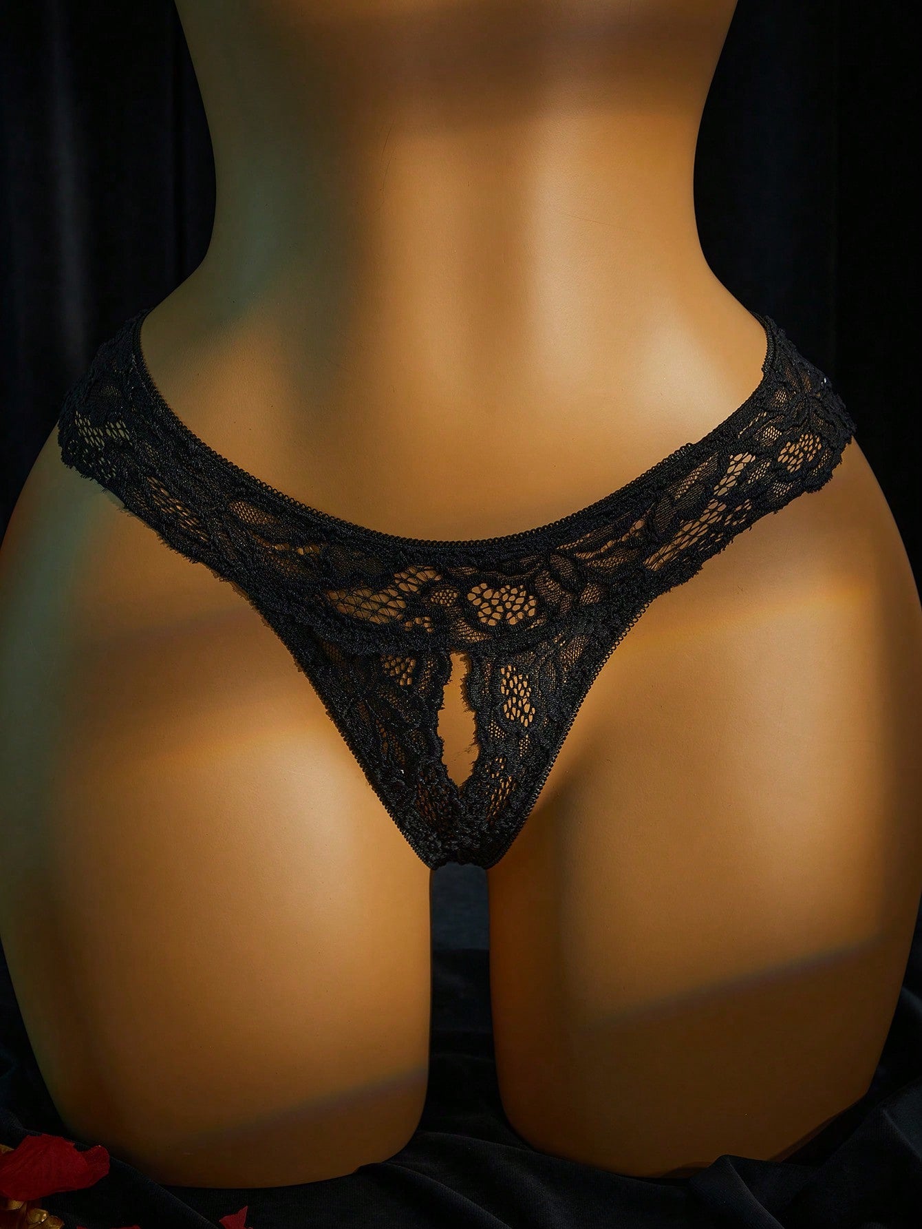 Women's sheer lace underwire bra and thong set with open cup bra, adjustable spaghetti straps, and matching low rise V-string thong in a 2-piece lingerie set.