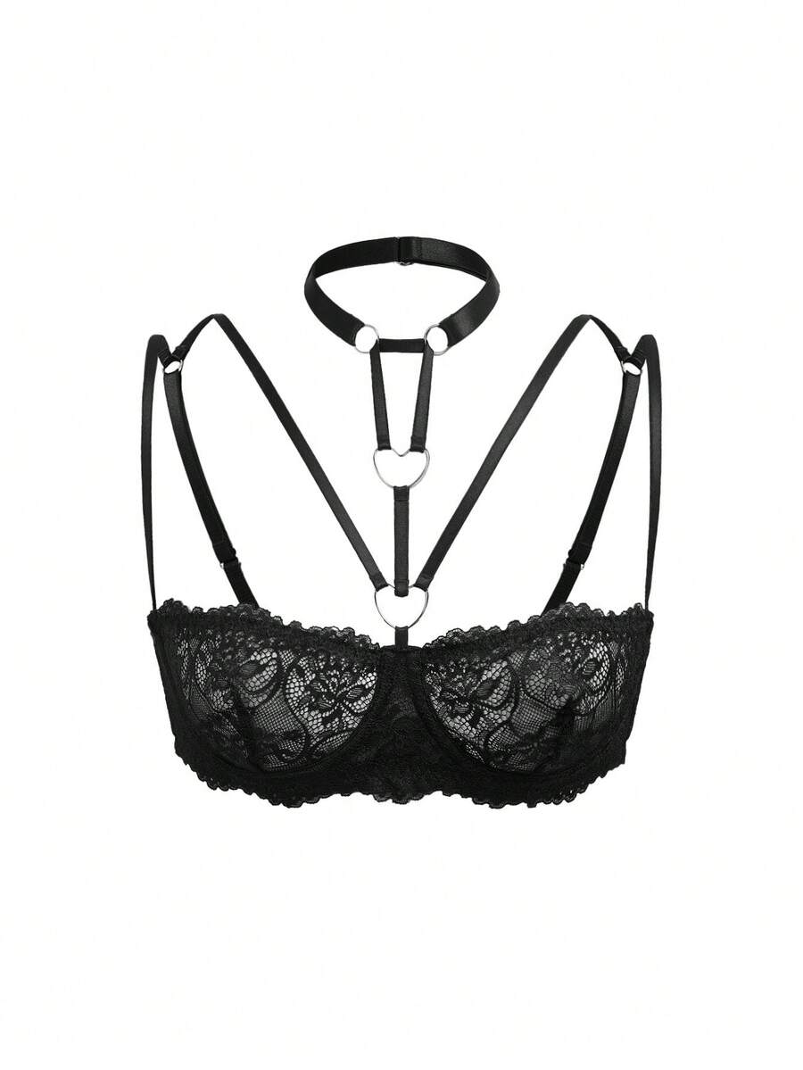 Black sheer floral lace balconette bra featuring heart design details, underwire push-up support, and adjustable straps.