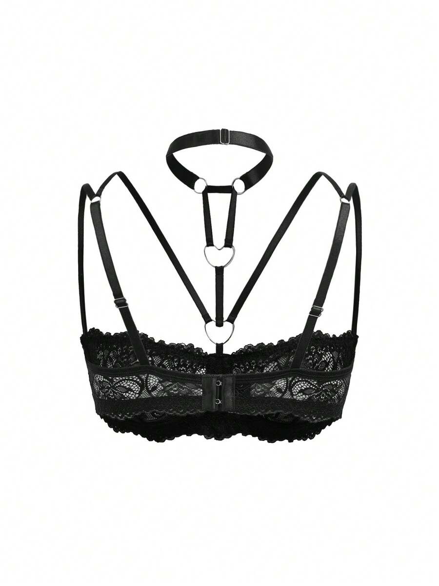 Black sheer floral lace balconette bra featuring heart design details, underwire push-up support, and adjustable straps.