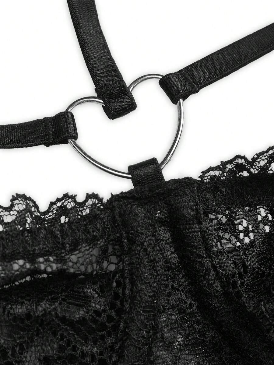Black sheer floral lace balconette bra featuring heart design details, underwire push-up support, and adjustable straps.