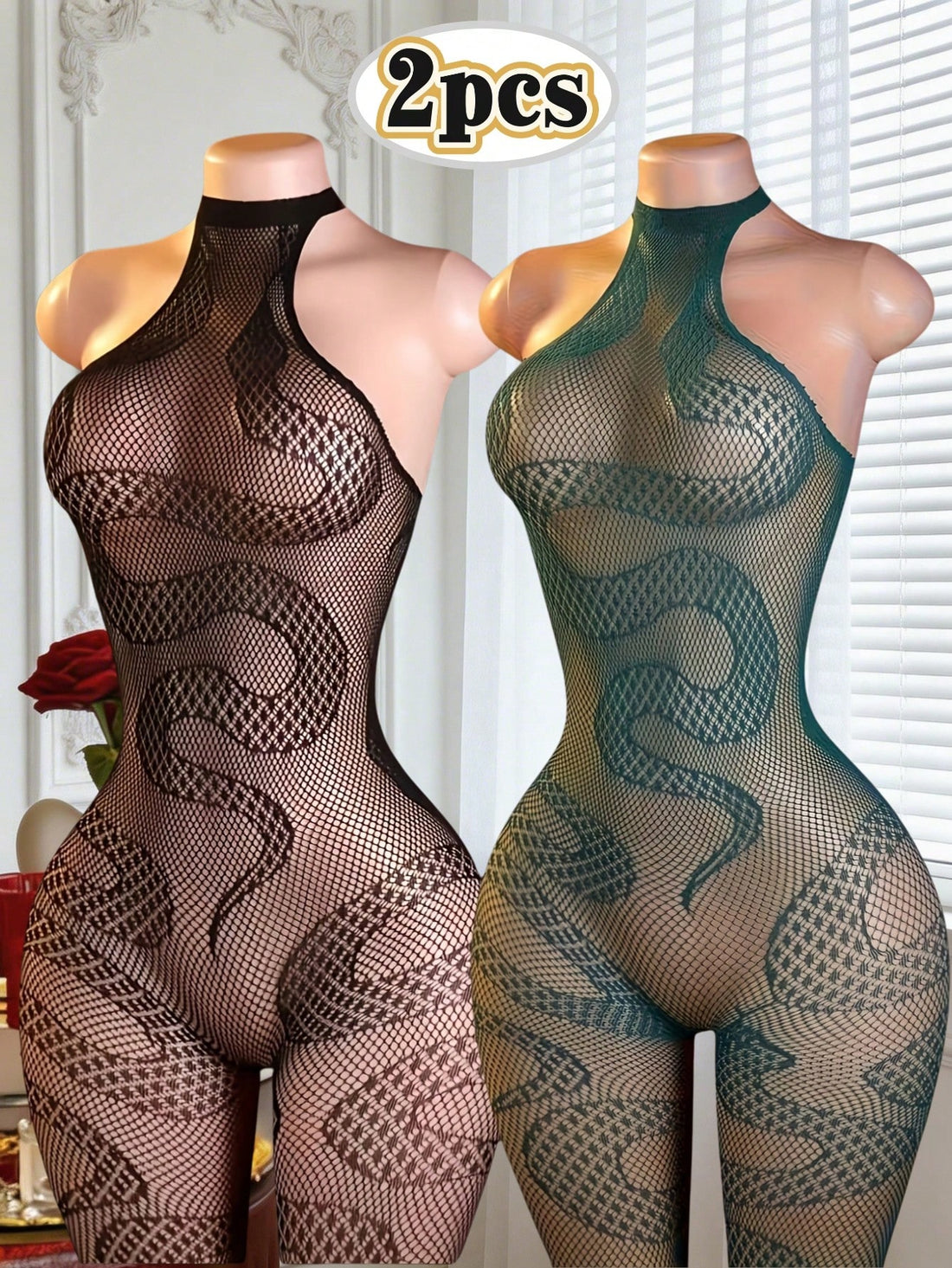 Multicolor 2-piece sleeveless fishnet bodysuit set for women featuring hollow out cutouts, clear straps, and high stretch sheer fabric.