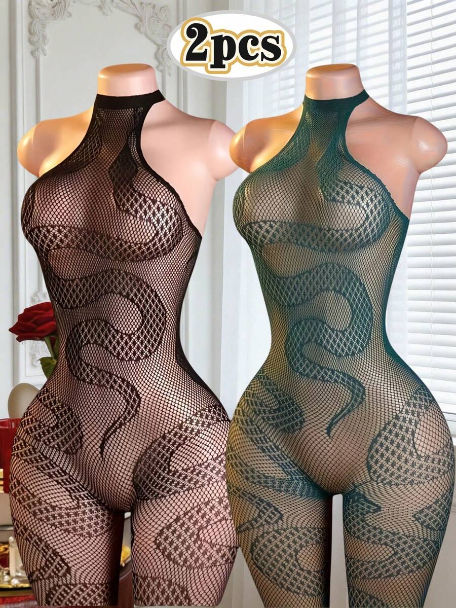 Multicolor 2-piece sleeveless fishnet bodysuit set for women featuring hollow out cutouts, clear straps, and high stretch sheer fabric.