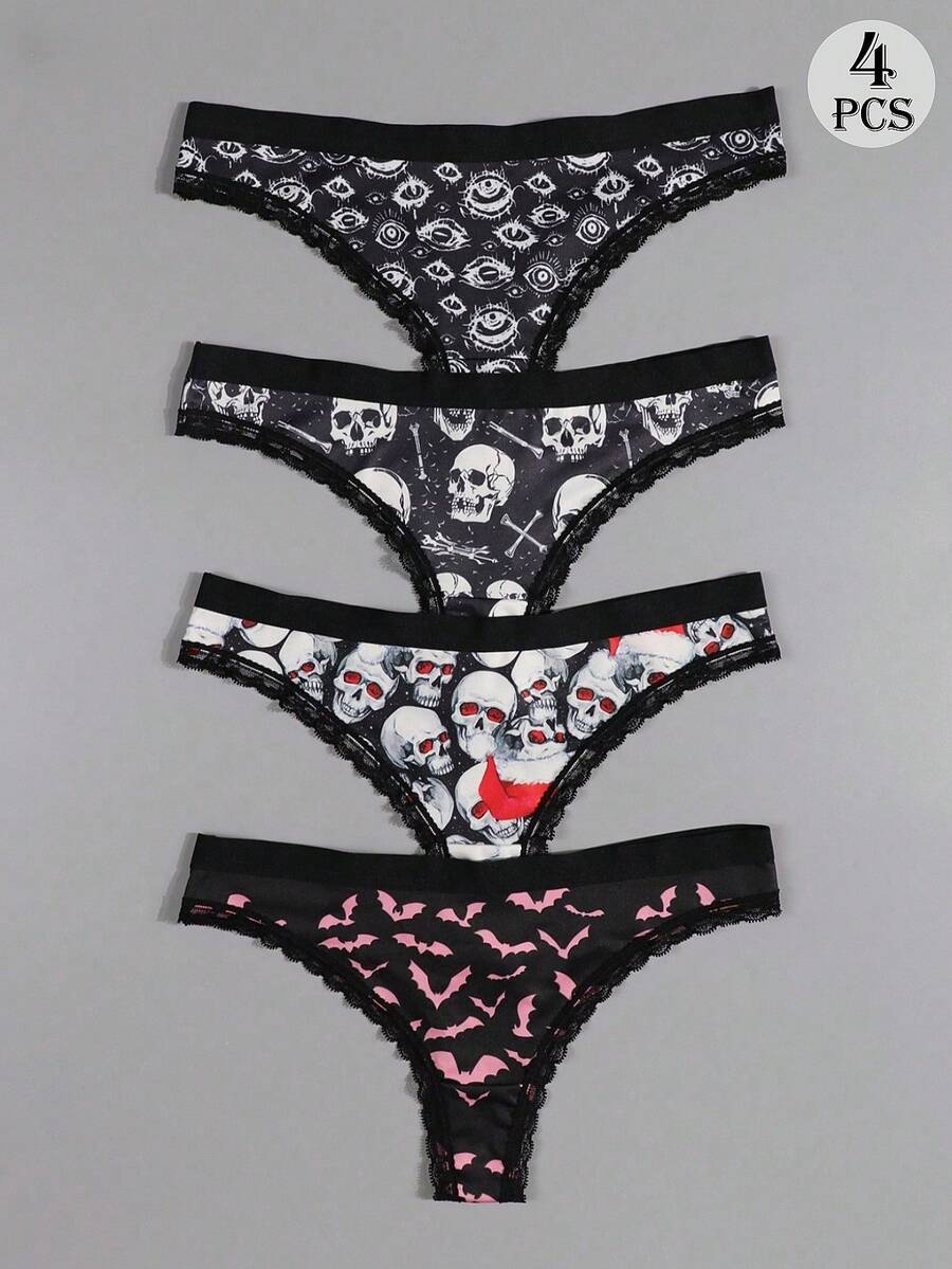 Four-piece women's gothic low rise thongs set with contrast lace trim and multicolor Halloween skull print.
