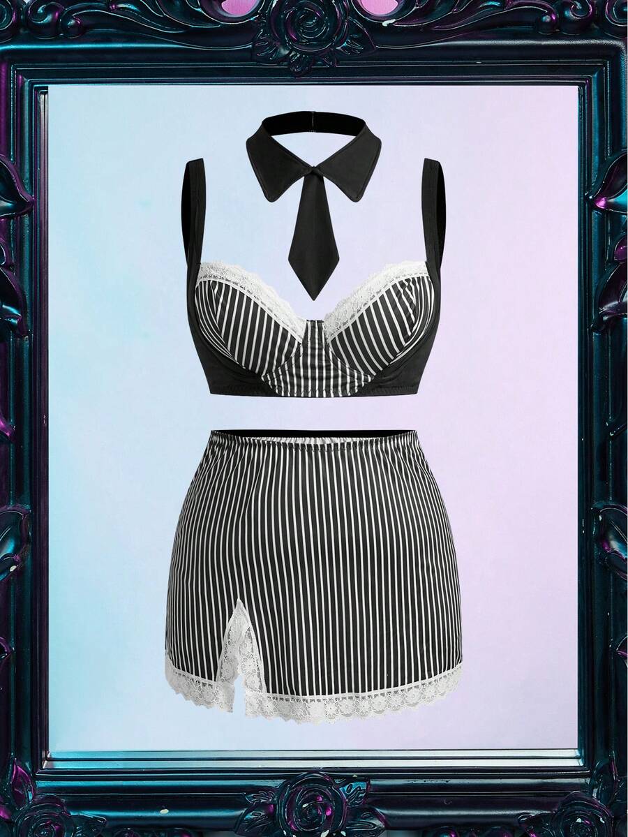 Black and white 3-piece role play lingerie set for women featuring a backless spaghetti strap top with contrast lace, underwire support, and a split short skirt.