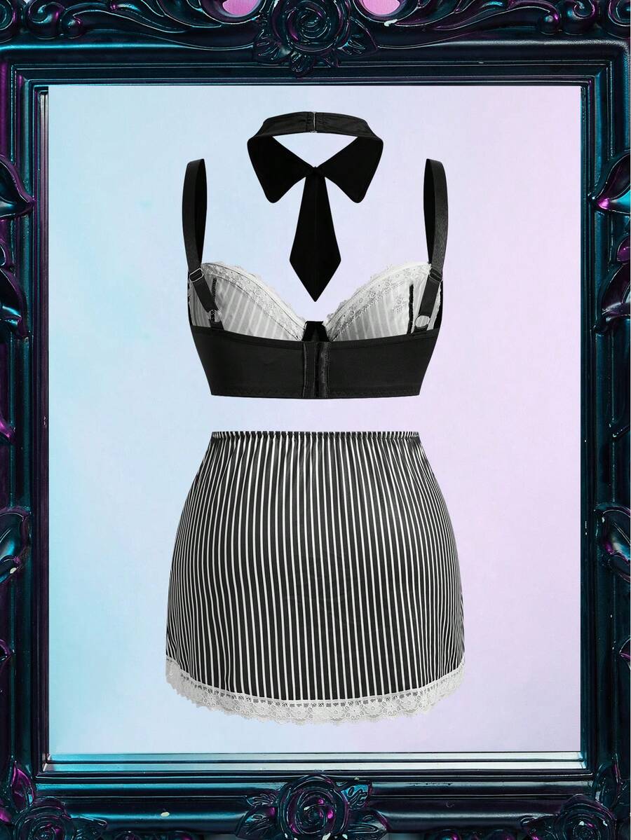 Black and white 3-piece role play lingerie set for women featuring a backless spaghetti strap top with contrast lace, underwire support, and a split short skirt.