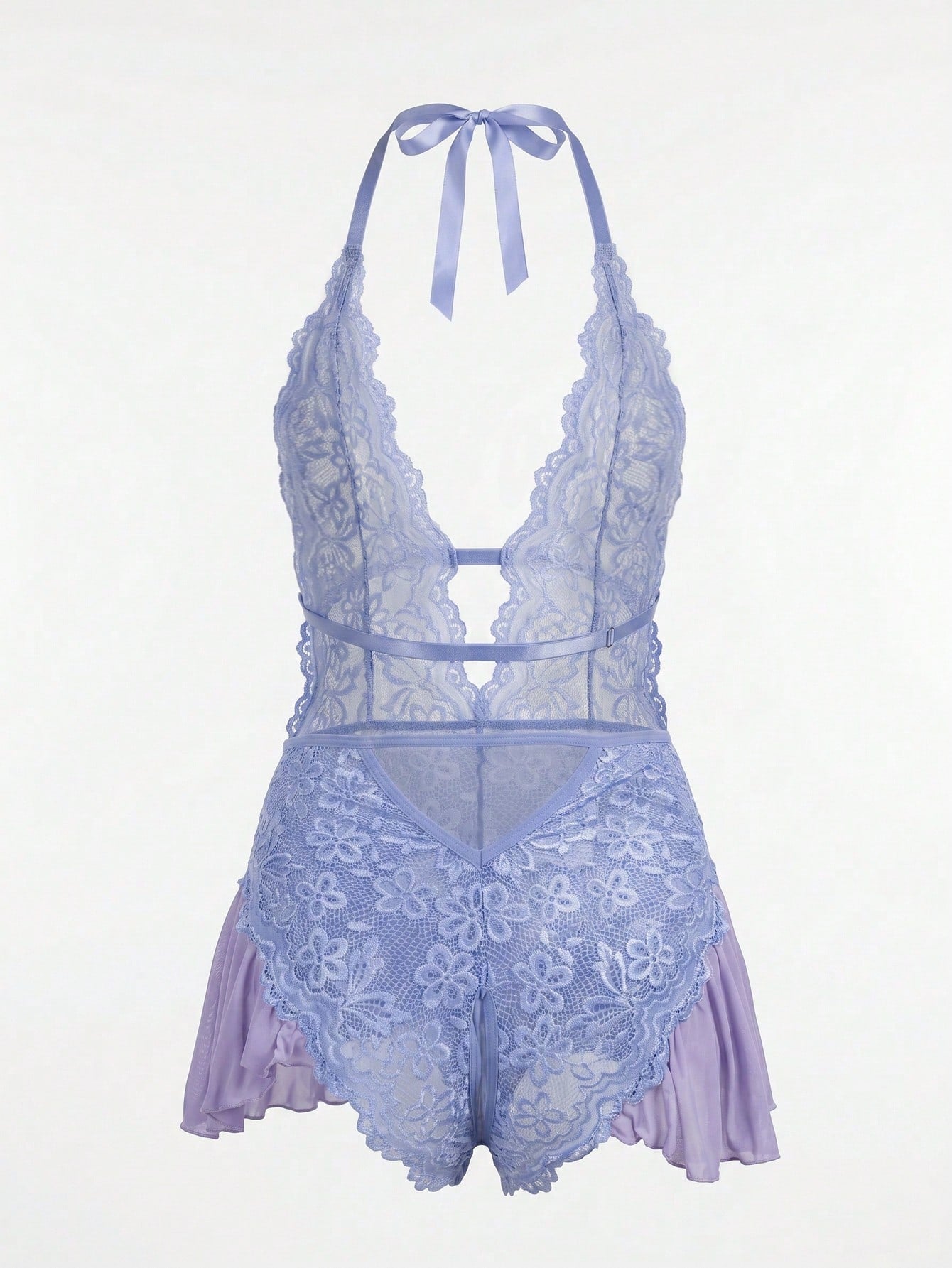 Women's halter lace babydoll lingerie with sheer backless design, crossback straps, wireless triangle bra, exaggerated ruffle detail, and V-string panty
