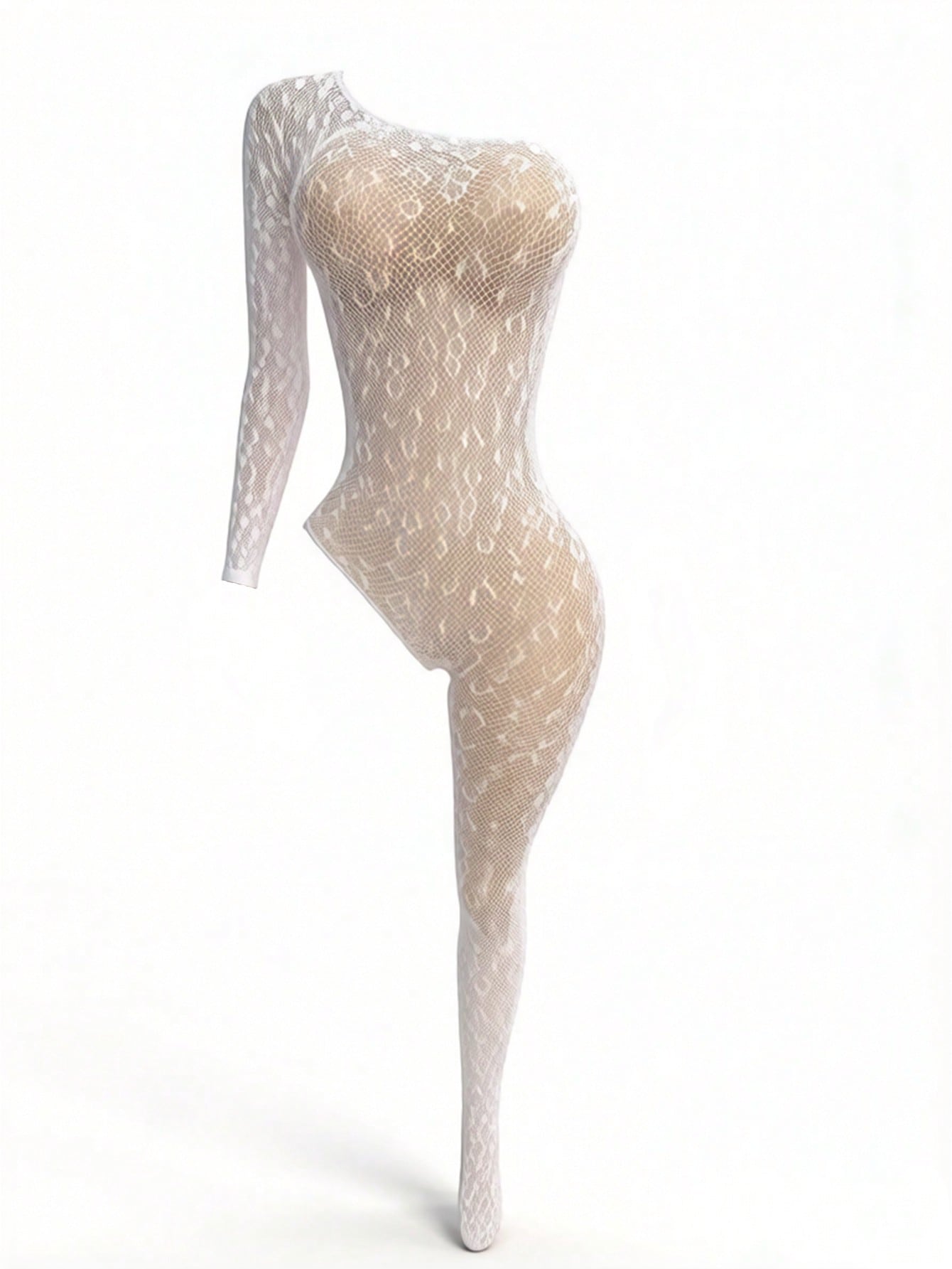 Women's sheer lace mesh bodysuit with leopard print, long sleeves, hollow out detail, and high-stretch fabric, designed for lingerie styling or as a swimsuit cover up.