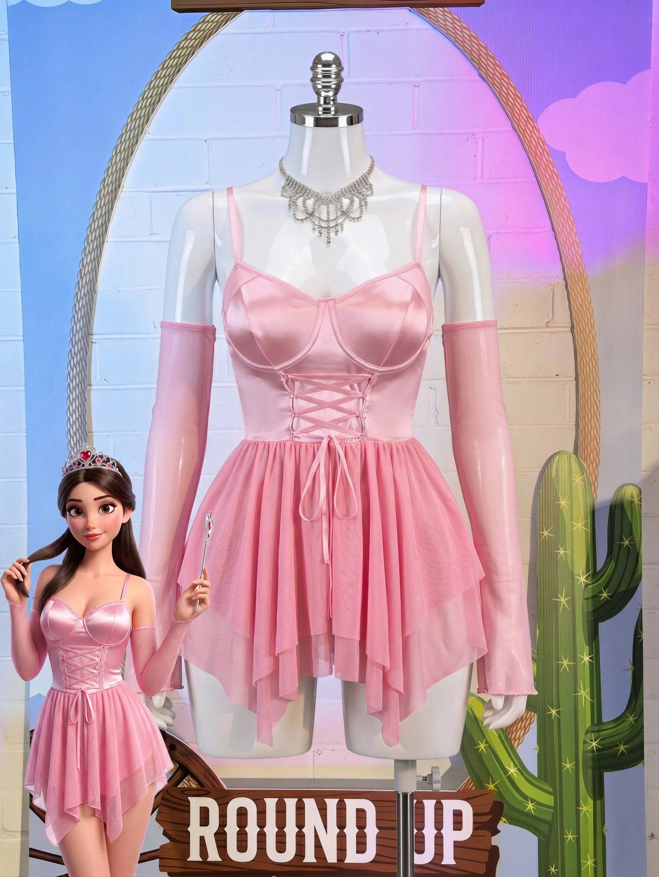 Women's elf cosplay costume set with mesh lingerie dress and matching sleeve cuffs, featuring spaghetti straps, crossback design, cup detail, sleeveless short silhouette, and slim fit.