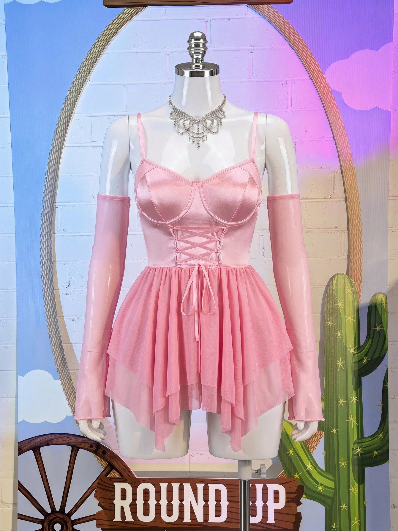 Women's elf cosplay costume set with mesh lingerie dress and matching sleeve cuffs, featuring spaghetti straps, crossback design, cup detail, sleeveless short silhouette, and slim fit.