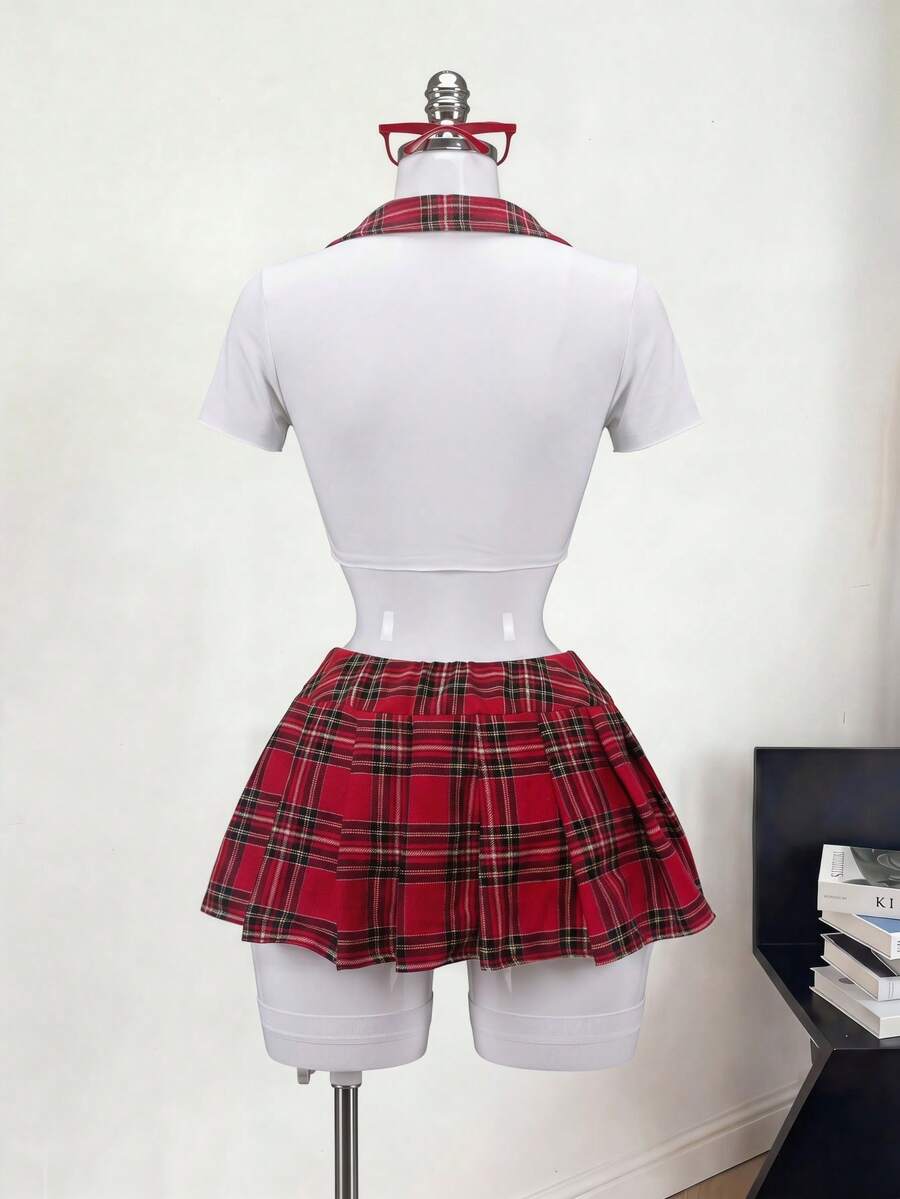 Women's student role play 3-piece costume set featuring a plaid short pleated skirt, collared top with front knot detail, and matching socks.