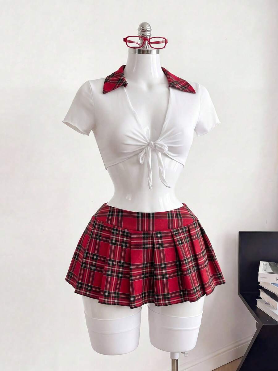 Women's student role play 3-piece costume set featuring a plaid short pleated skirt, collared top with front knot detail, and matching socks.