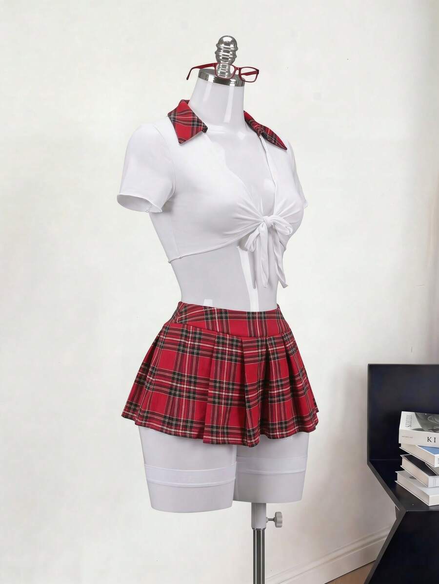Women's student role play 3-piece costume set featuring a plaid short pleated skirt, collared top with front knot detail, and matching socks.
