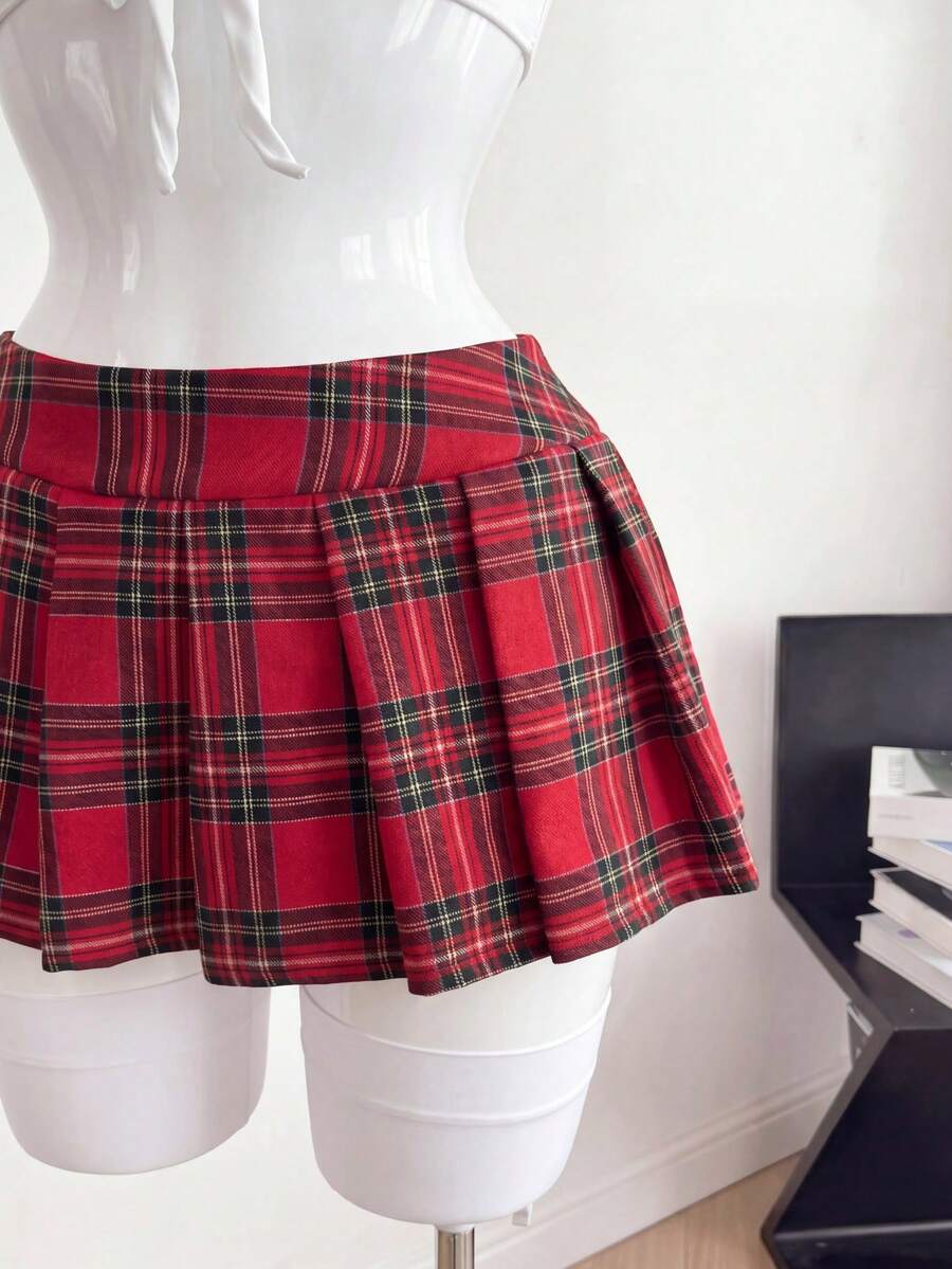 Women's student role play 3-piece costume set featuring a plaid short pleated skirt, collared top with front knot detail, and matching socks.