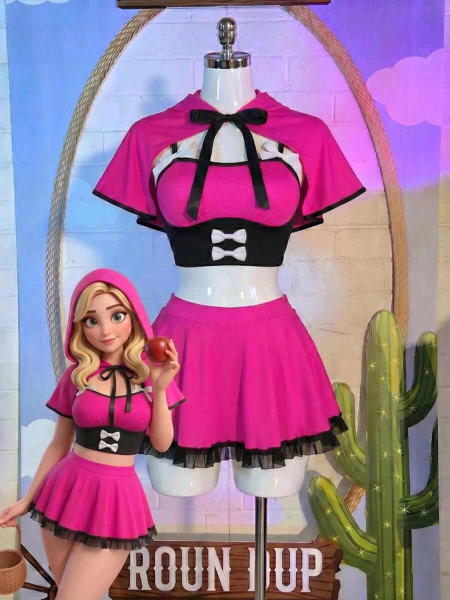 Women's 3-piece Little Red Riding Hood cosplay costume in red featuring a sleeveless crop top with lace-up front, bow, ruched detailing, and ruffle hem.