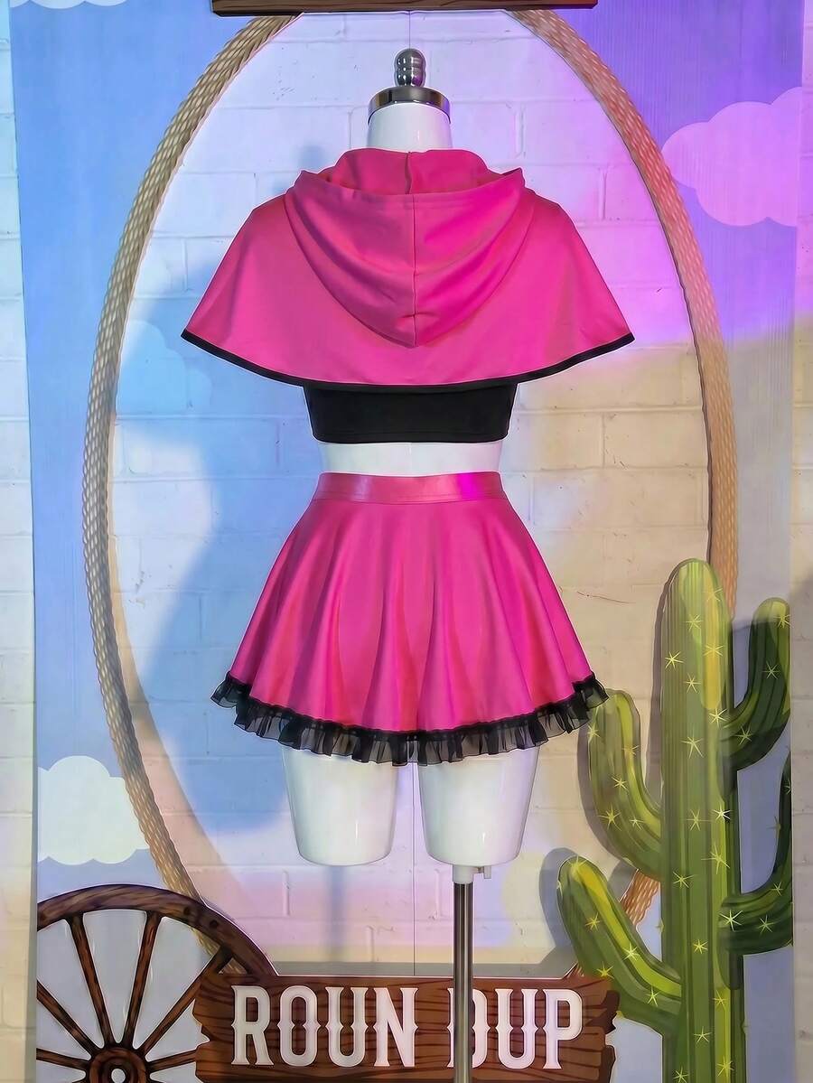 Women's 3-piece Little Red Riding Hood cosplay costume in red featuring a sleeveless crop top with lace-up front, bow, ruched detailing, and ruffle hem.