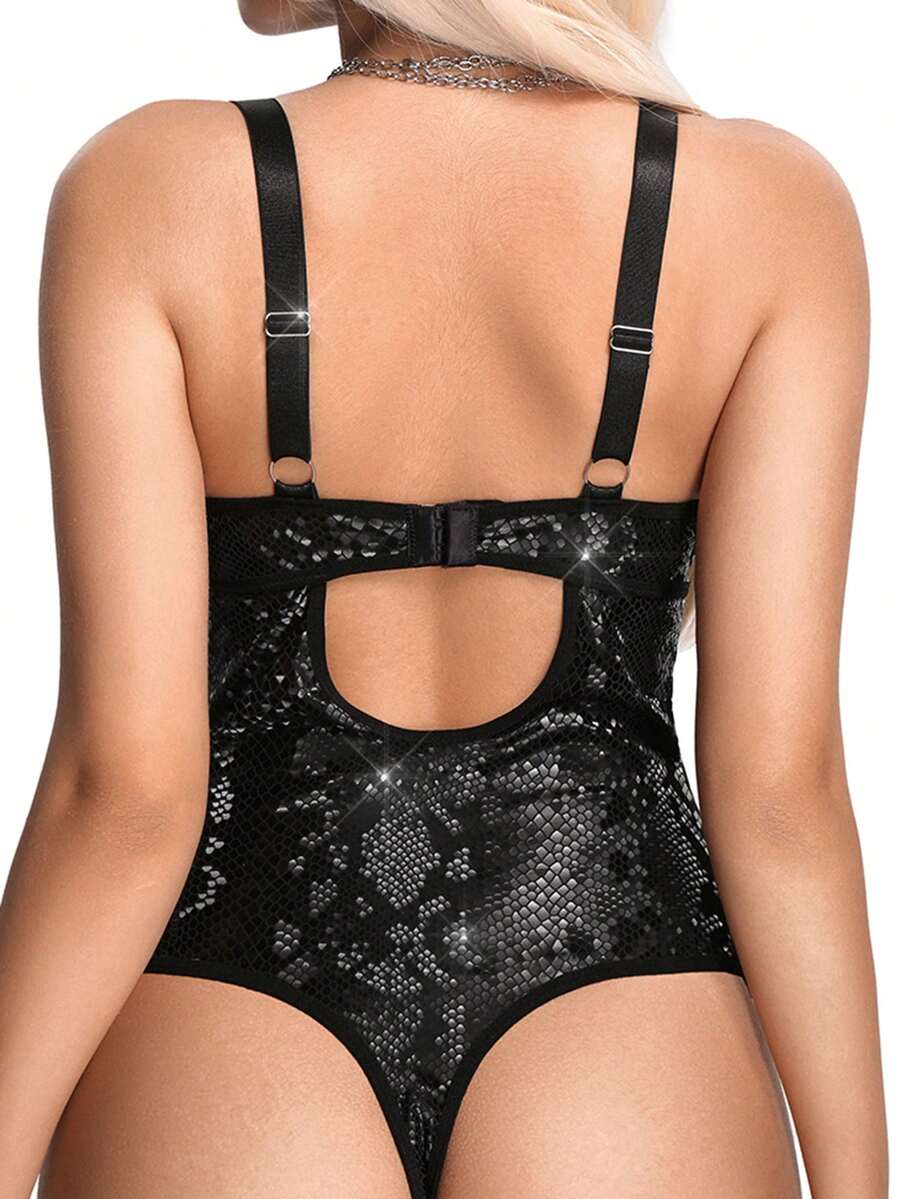 Black Goth women's PU leather lingerie slip dress featuring snake skin patchwork design, adjustable spaghetti straps, bow detail, and underwire support.