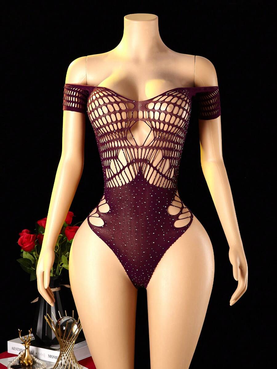 Women's purple strapless fishnet mesh lingerie bodysuit with rhinestone accents and hollow out details