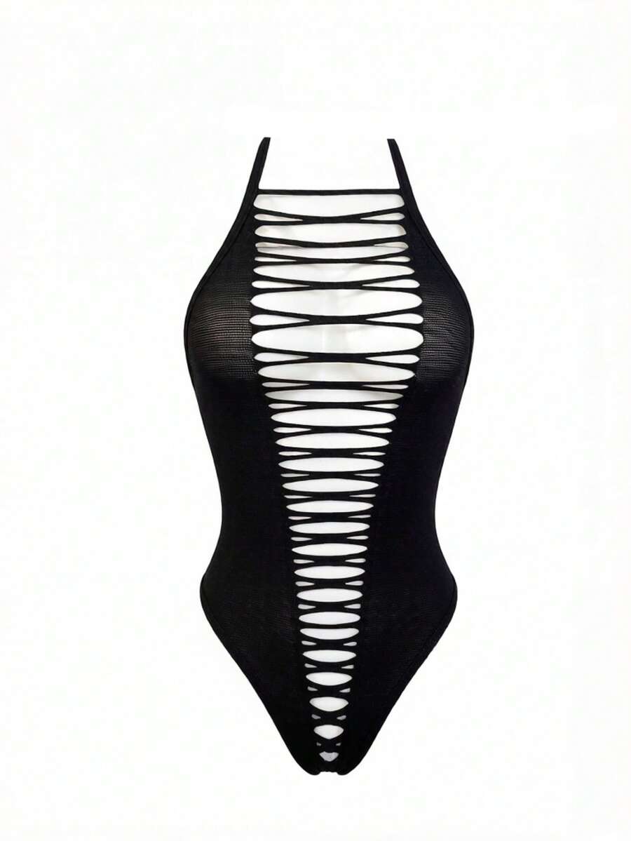Black sheer fishnet lingerie bodysuit for women featuring a halter neckline, short sleeves, and high stretch wireless fit.