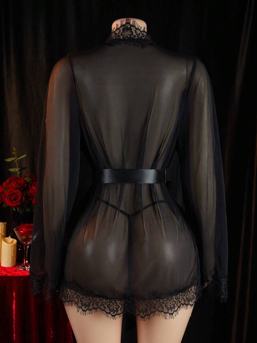 Women's 3-piece lace sleepwear set featuring a sheer belted robe with contrast lace details and adjustable straps.