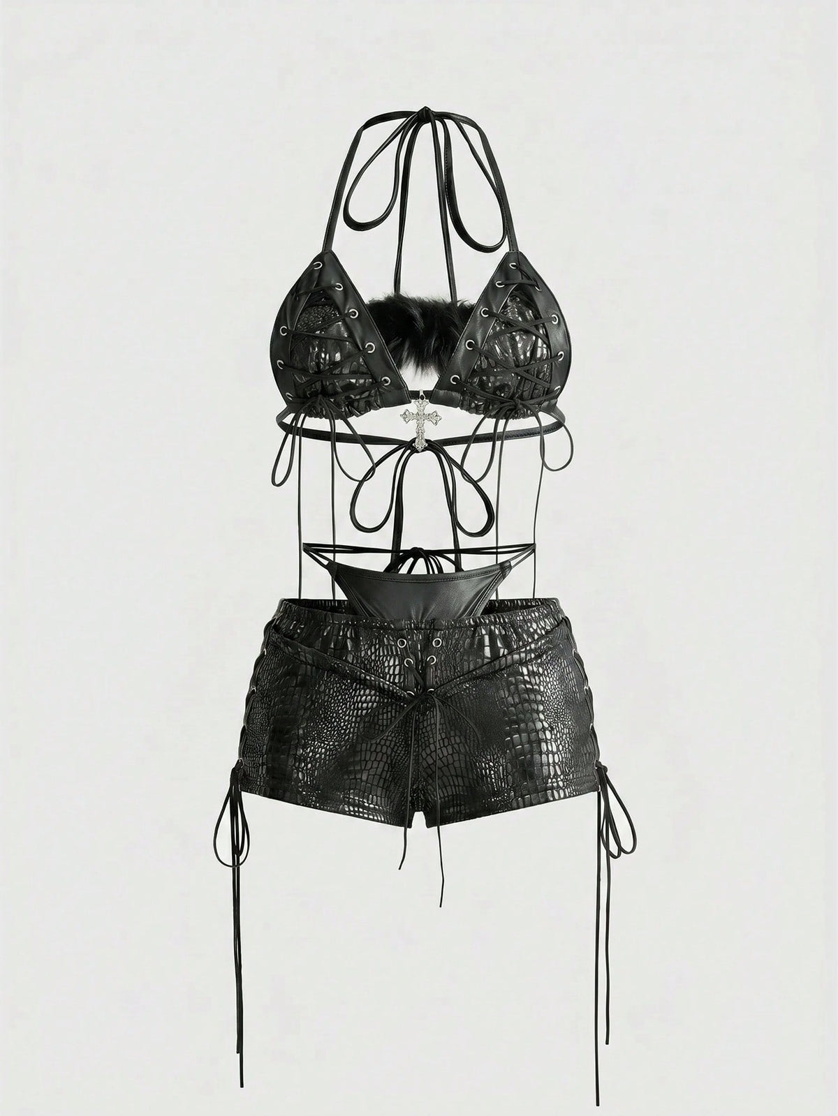 Women's black Y2K lace-up halter micro crop top and slim fit shorts 2-piece set with matching arm sleeves
