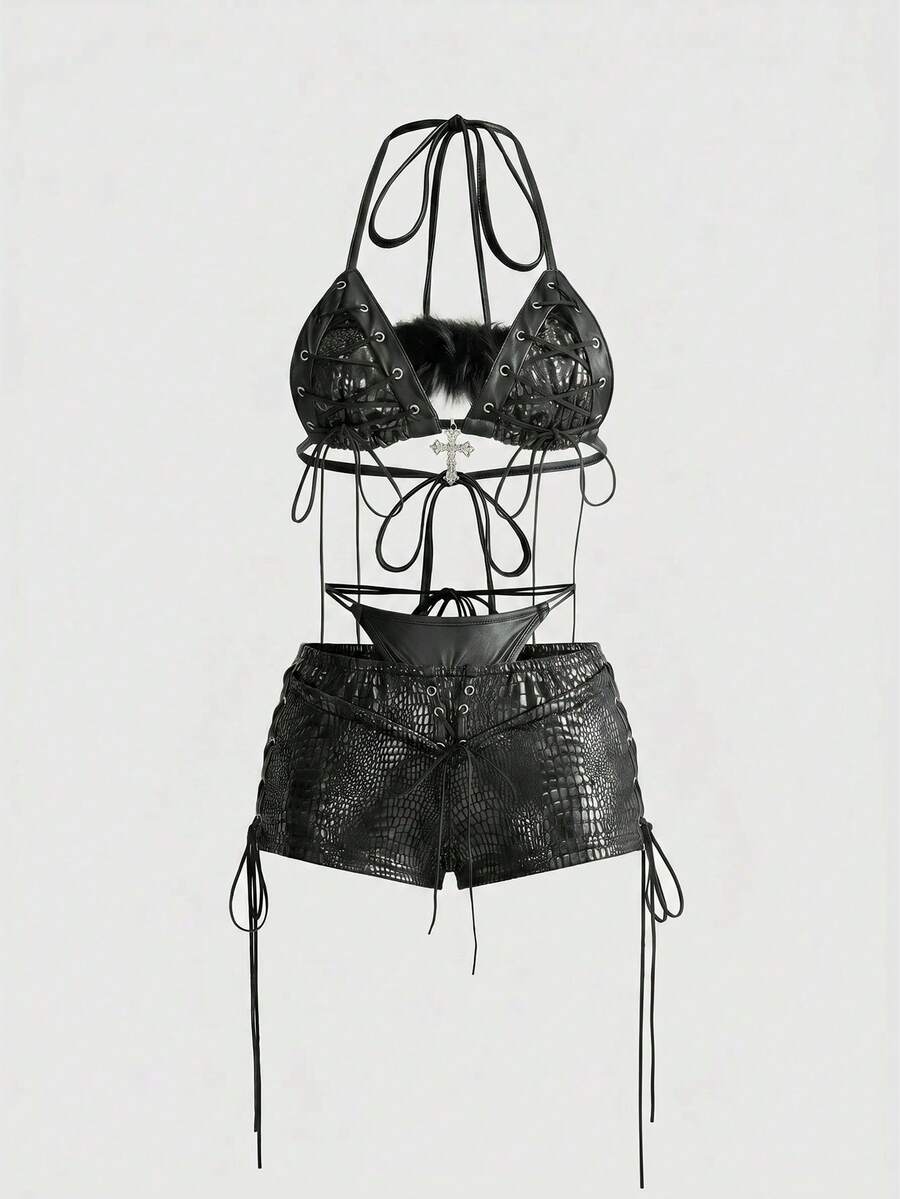 Women's black Y2K lace-up halter micro crop top and slim fit shorts 2-piece set with matching arm sleeves