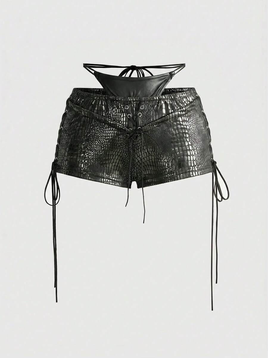 Women's black Y2K lace-up halter micro crop top and slim fit shorts 2-piece set with matching arm sleeves