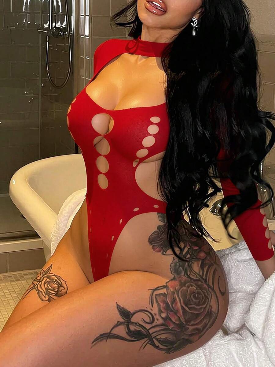 Red halter fishnet lingerie bodysuit for women featuring a sheer hollow-out design and adjustable straps.