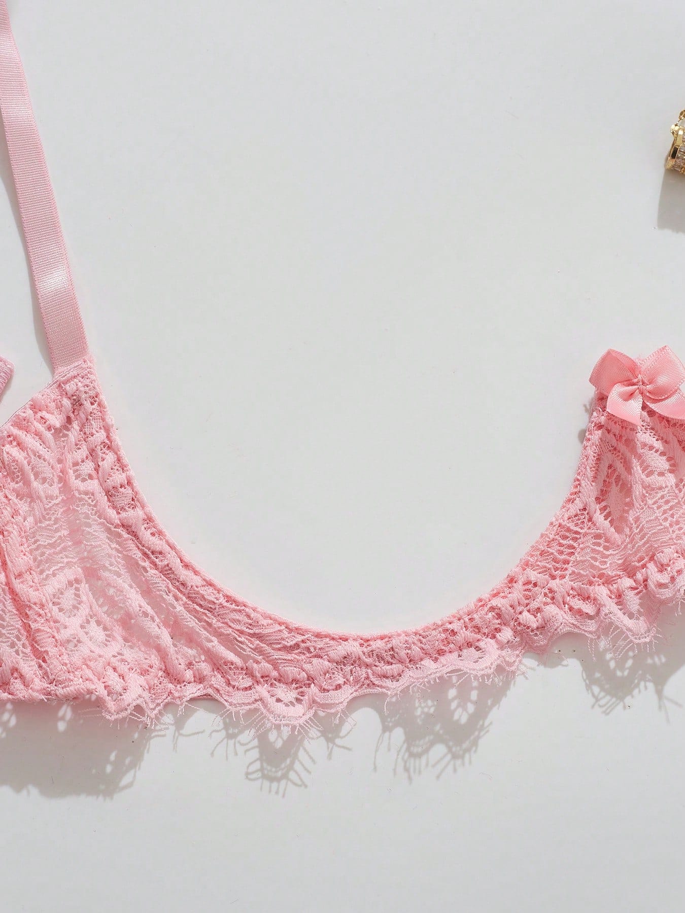 Women's lace bra and panty set with underwire bra, adjustable straps, 3/4 cup design, and matching thong panty in a sheer 2-piece lingerie style.
