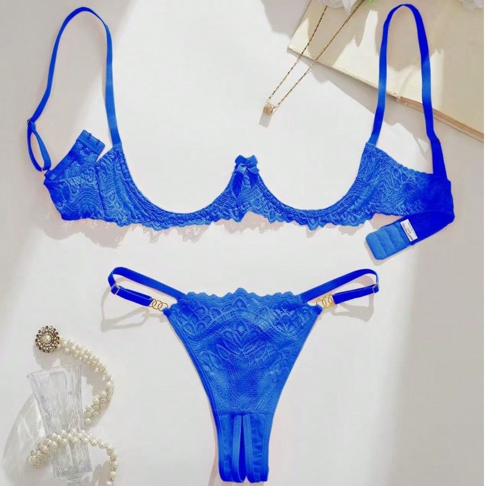 Women's lace bra and panty set with underwire bra, adjustable straps, 3/4 cup design, and matching thong panty in a sheer 2-piece lingerie style.
