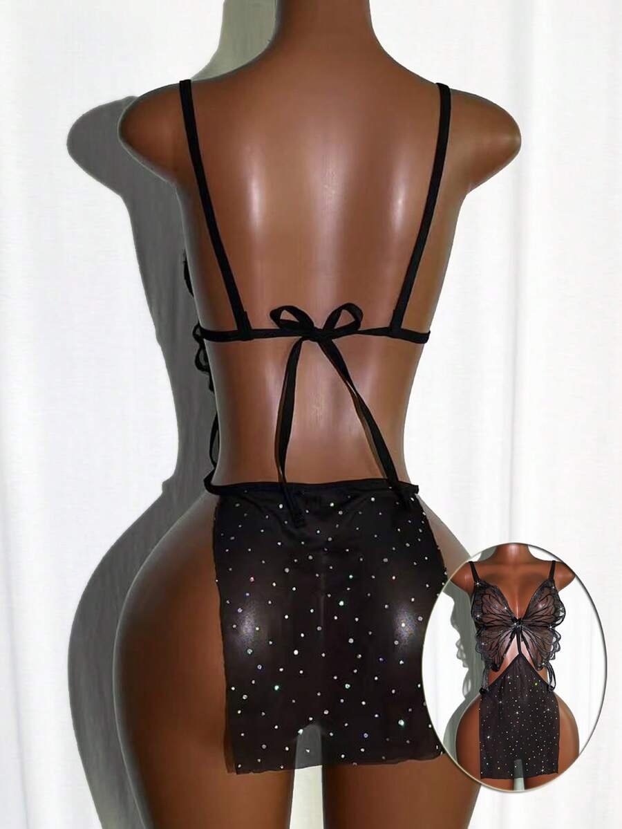 Women's black semi-sheer glitter mesh babydoll lingerie featuring embroidered accents, lace-up front detail, and a wireless bralette design.